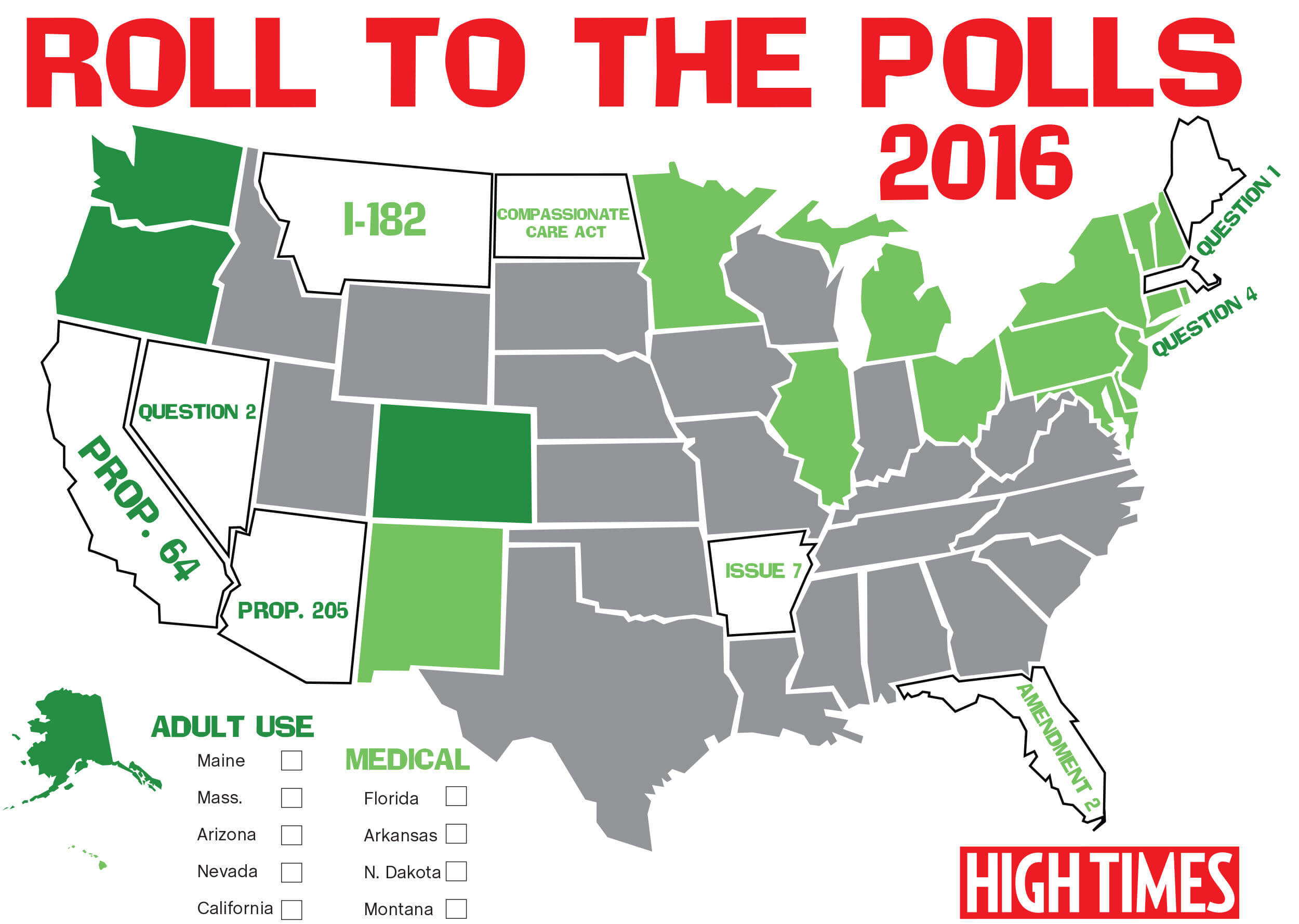 Carta de la legislación del cannabis en Estados Unidos el 8 de noviembre 2016 (fuente : High Times)