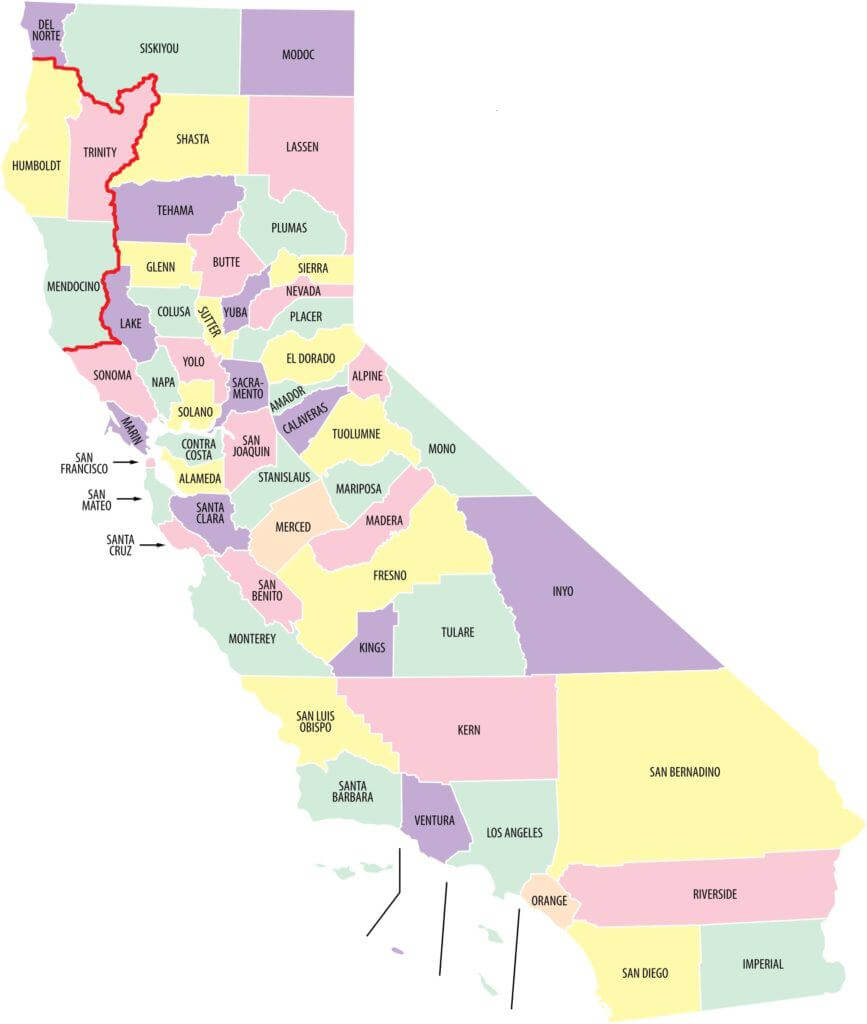 Mapa de California con el Triángulo Esmeralda resaltado en rojo