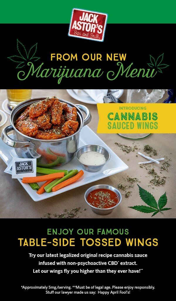 El menú de marihuana de Jack Astor, con sus alitas con salsa de cannabis (Foto: Jack Astor)