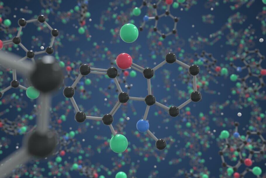 Ketamine molecule, 3D rendered molecular model