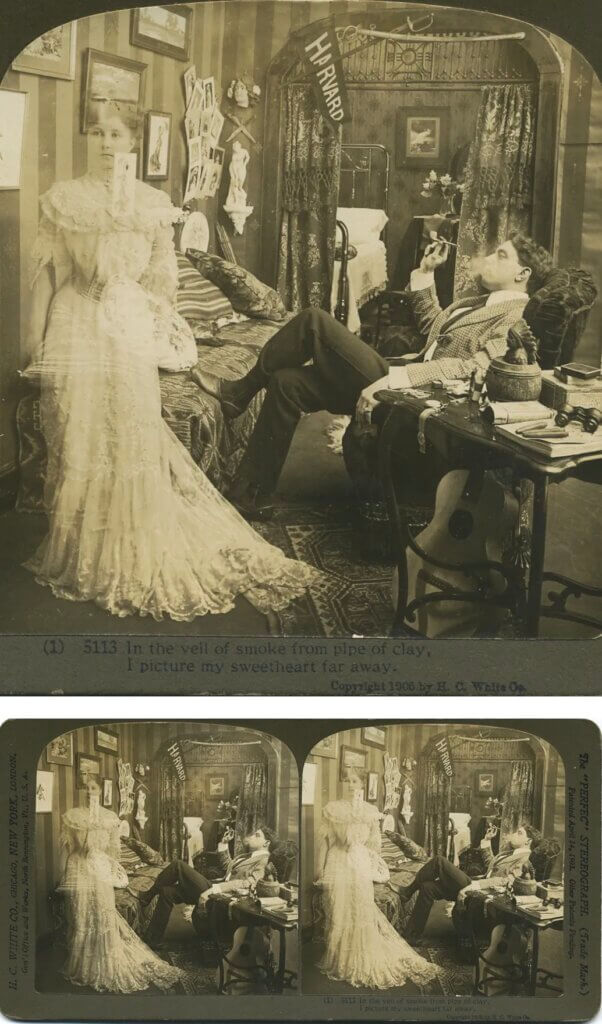 "In the veil of smoke from the clay pipe, I imagine my beloved in the distance." Stereoscopic view, 1906