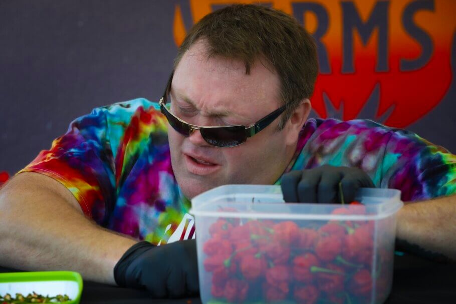 Gregory Foster also attempted the endurance record (set at 123 Carolina Reapers) in 2020. But after eating 44 chillies, he fell to his knees in a fit of expletives and tears before throwing in the towel and vomiting up the contents of his stomach in the privacy of a tent.