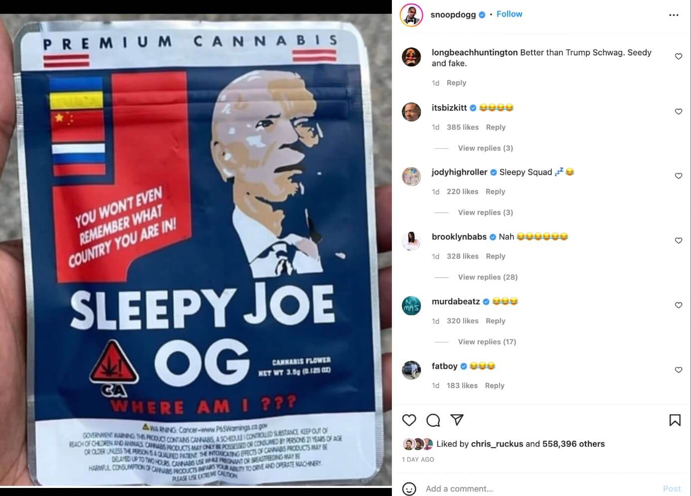 Snoop Dogg trolea a Joe Biden con la marca de marihuana ‘Sleepy Joe OG’