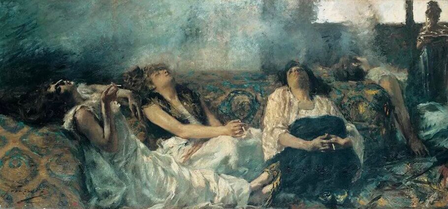 'The Hashish Smokers', 1887. In his eagerness to capture the light, the Italian painter Gaetano Previati would turn to an unusual source of knowledge to illuminate his canvas... The Hashishins!