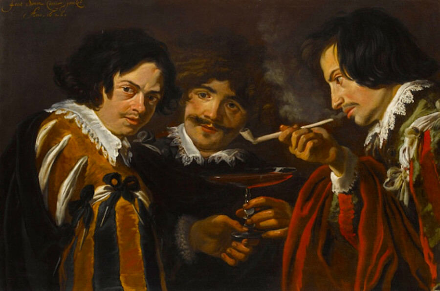 'Drinkers and smokers', Simon de Vos, 1626. Those emblematic red eyes leave no room for doubt