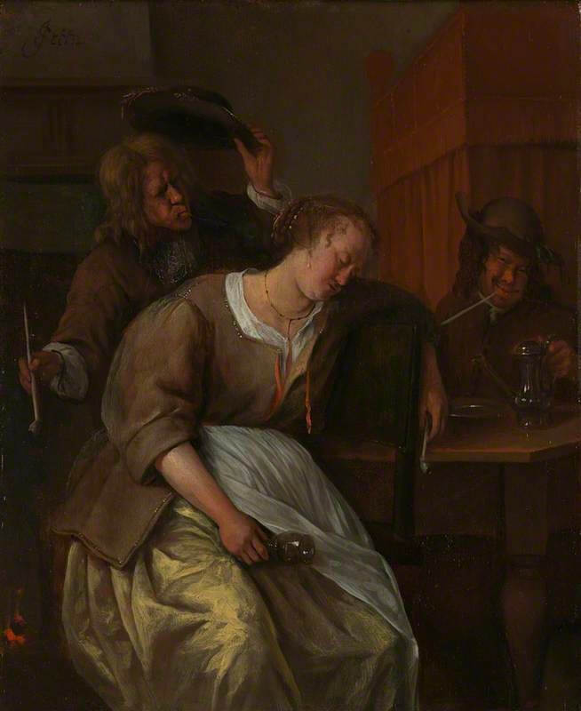 A man blowing smoke at a drunken woman, by the painter Jan Steen, (1660-65)