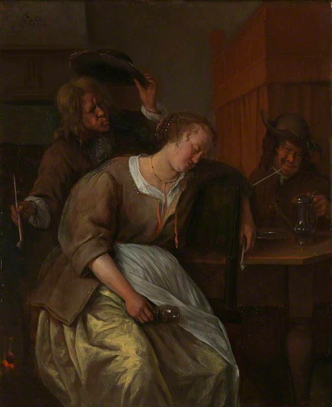 Un hombre echando humo a una mujer borracha, del pintor Jan Steen, 1660-65 