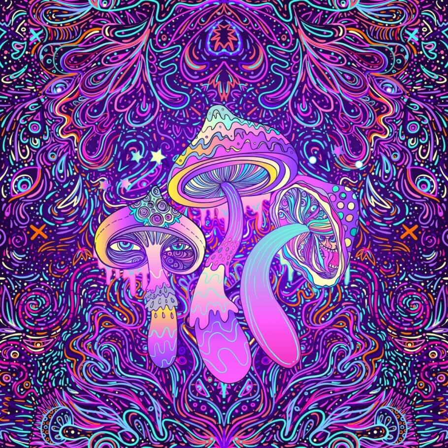 Patrón de hongos mágicos y alucinación psicodélica. Arte hippie colorido de los años 60