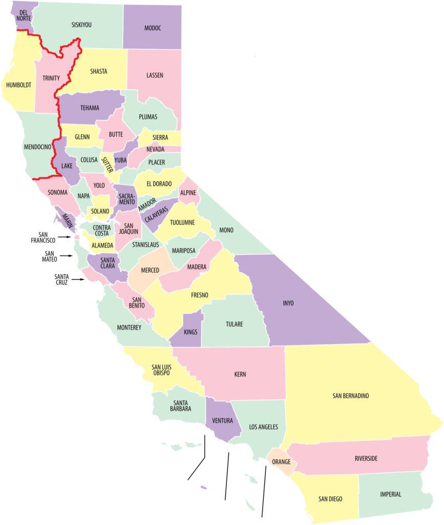Mapa de Califòrnia amb el Triangle Esmeralda ressaltat en vermell
