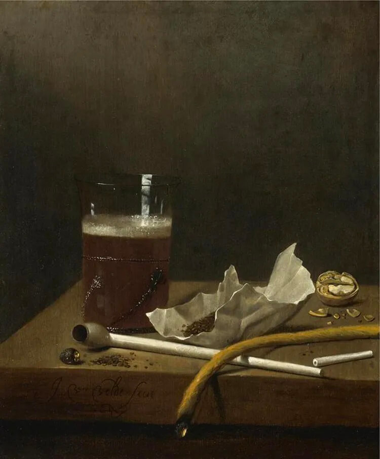 'Bodegó amb un got de cervesa, una pipa, tabac i altres requisits per fumar' (inclòs un encenedor de metxa de cànem) de Jan Jansz van de Velde, 1658