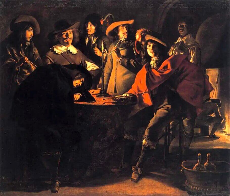'La caseta de vigilància' (La Tabagie, dit aussi Le Corps de garde) dels germans Le Nain (Louis), 1643. Un clar exemple de la pintura de gènere francesa, on també li donaven al fum