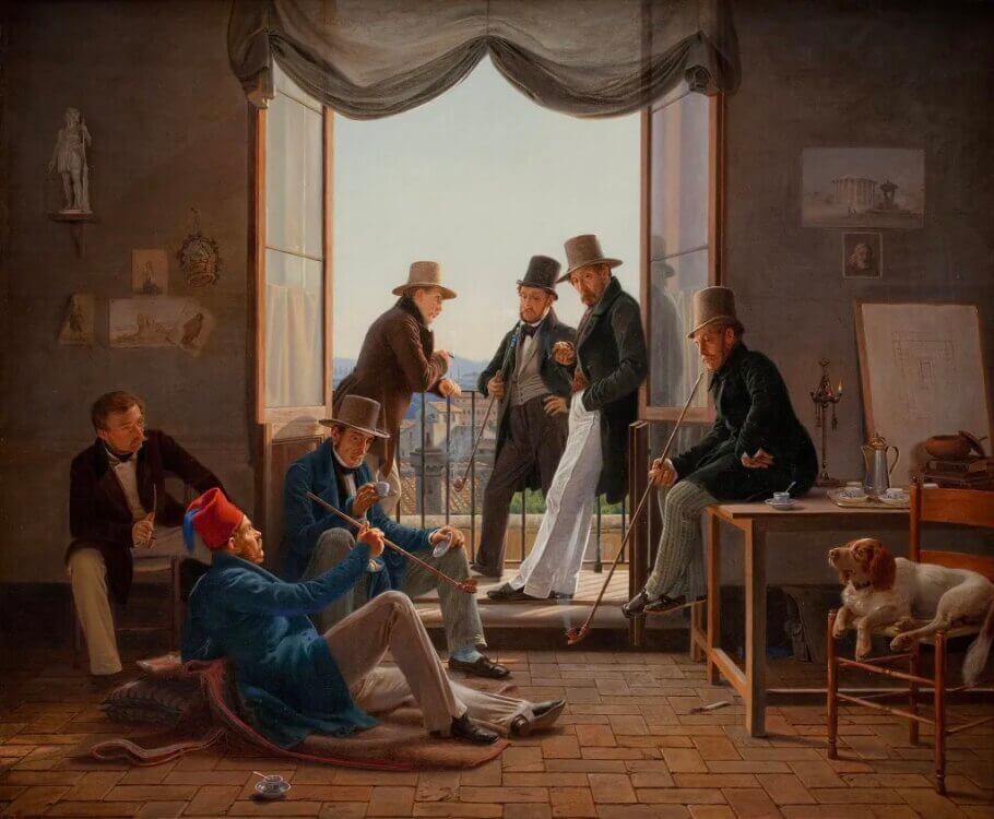Passen els anys i les pipes també s'allarguen. 'Un grup d'artistes danesos a Roma', Constantin Hansen, 1837. Fou un dels pintors associats a l'Edat d'Or de la pintura danesa