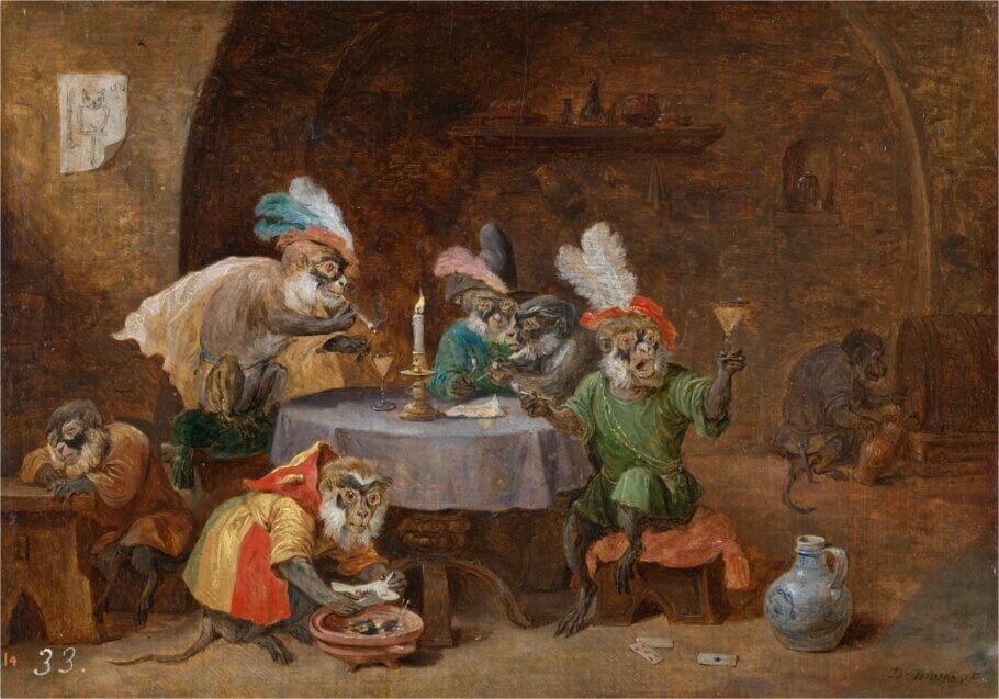 'Mones fumadores i bevedors' 1660. Teniers el Jove també utilitzava animals com a micos i gats realitzant activitats humanes, utilitzant-los com a al·legories dels comportaments i dinàmiques socials