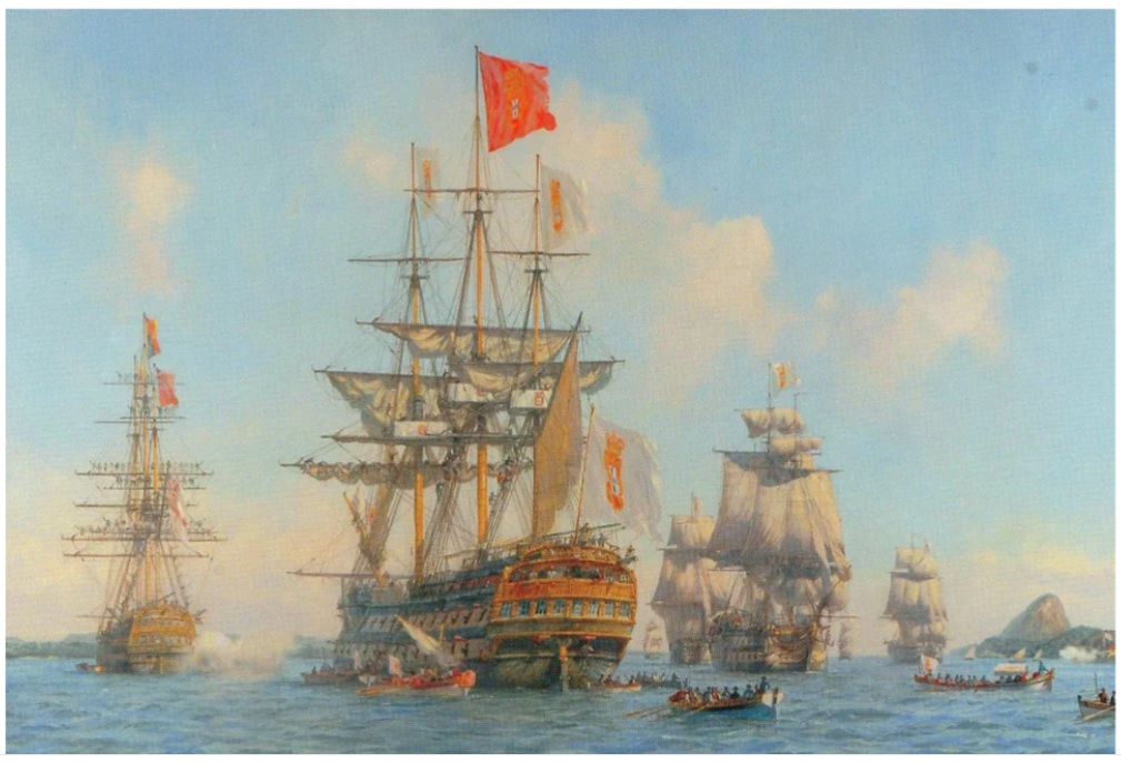 Ships of the Portuguese fleet arriving on the shores of Guanabara Bay, Rio de Janeiro, in 1808