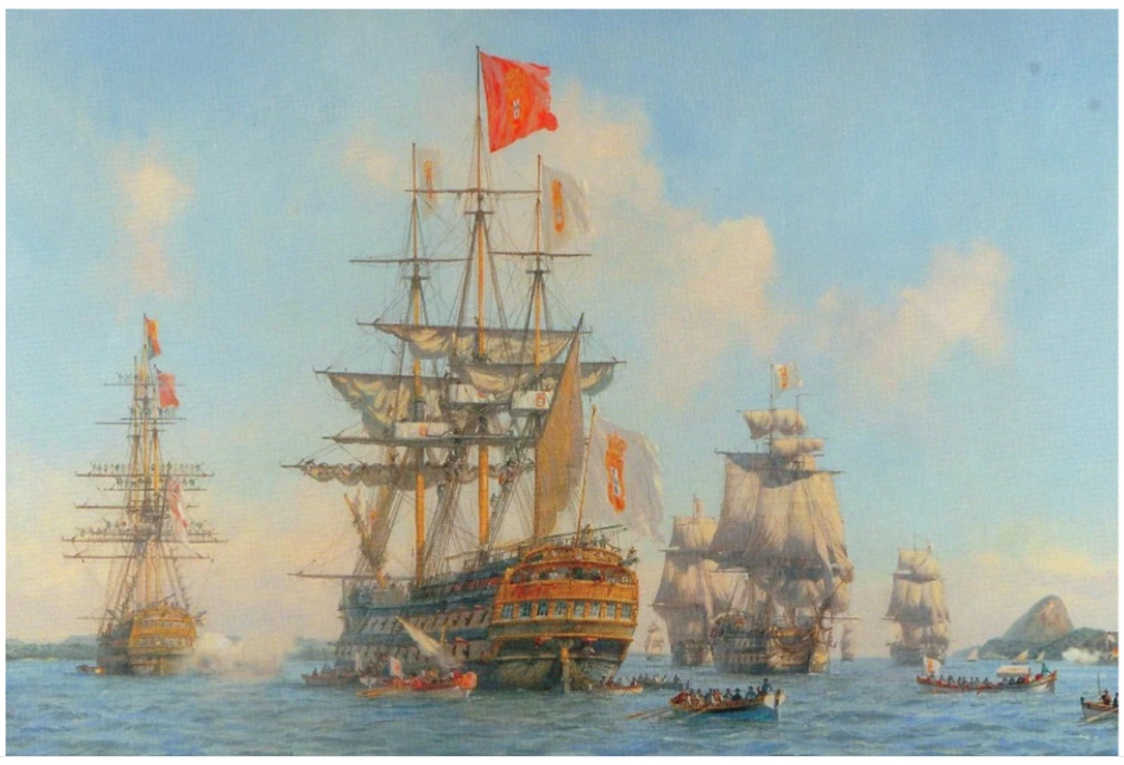 Ships of the Portuguese fleet arriving on the shores of Guanabara Bay, Rio de Janeiro, in 1808