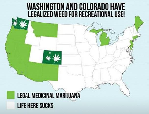Carte de la légalisation du cannabis aux Etats Unis fin 2013