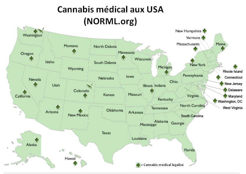 Carte des États ayant autorisé le cannabis médical aux USA (fin 2014)