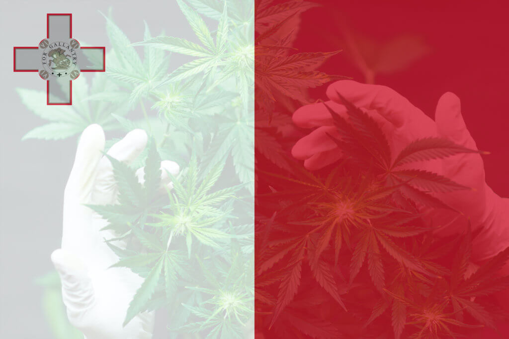 Cannabis Médical à Malte. Feuille de cannabis sur le drapeau de Malte.