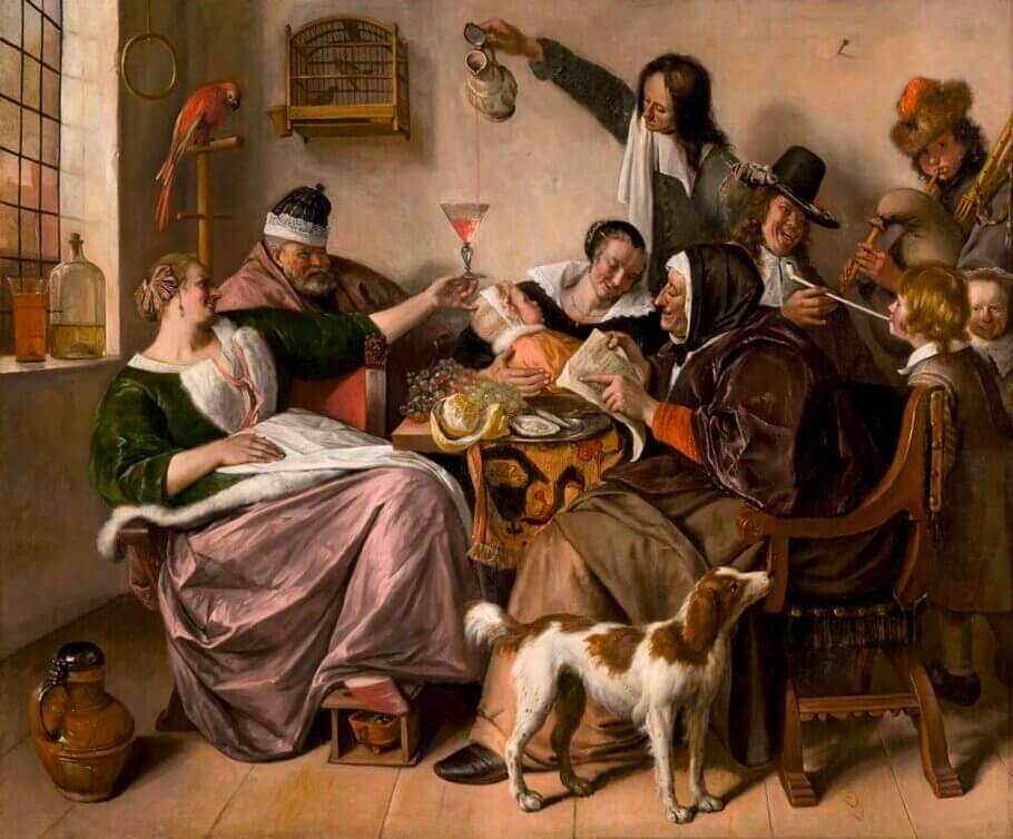 'Comme l'ancien chante, ainsi le jeune tuyau' par Jan Steen en 1664. L'artiste a décidé d'utiliser sa famille royale dans la peinture avec un autoportrait de lui-même allumant le tuyau pour son fils royal
