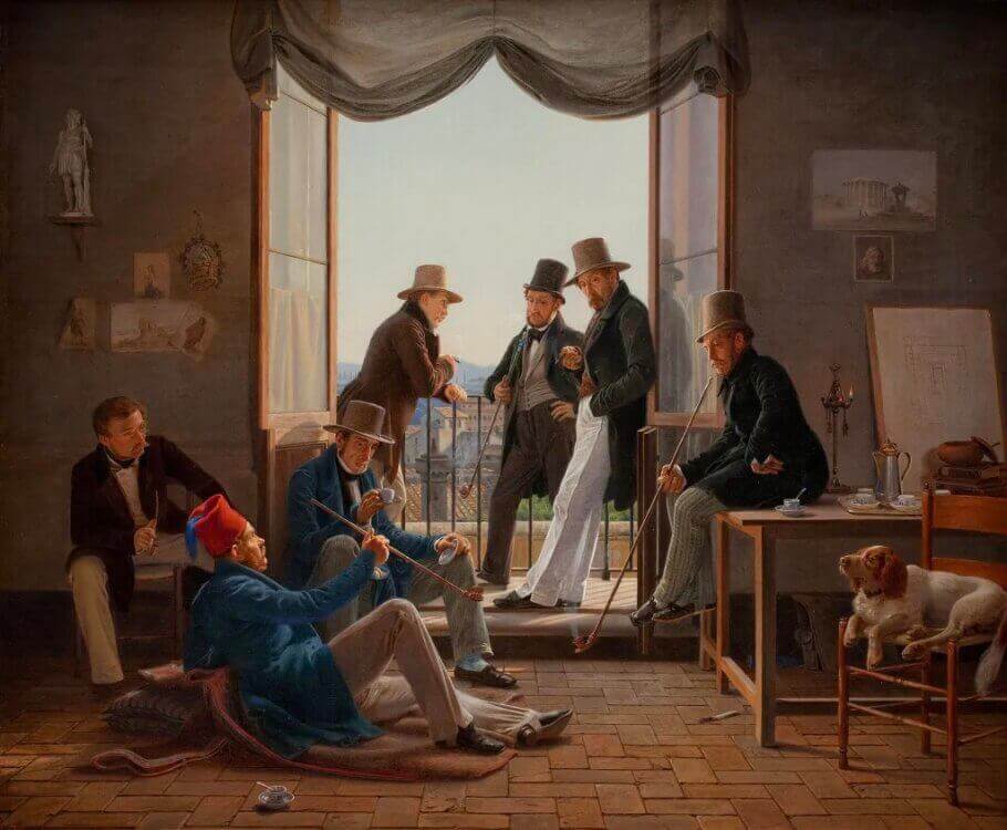 Les années passent et les tuyaux aussi s'allongent. "Un groupe d'artistes danois à Rome", Constantin Hansen, 1837. Il était l'un des peintres associés à l'âge d'or de la peinture danoise