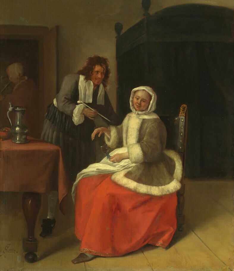 'Jeune homme offrant une pipe à une femme', Jan Havicksz Steen 1661. Ce peintre baroque néerlandais est devenu célèbre pour ses scènes colorées et hétéroclites avec un ton comique mais un fond moralisateur