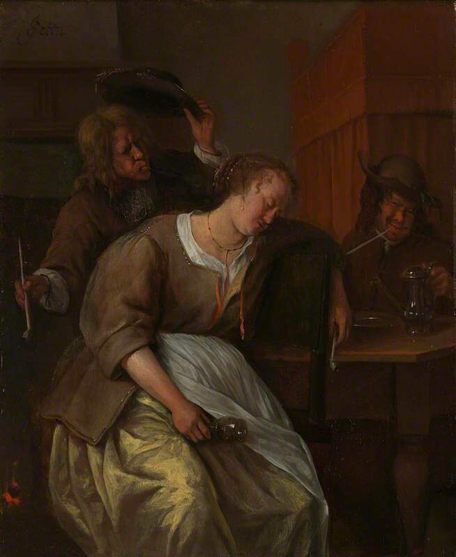 Un homme soufflant de la fumée sur une femme ivre, par le peintre Jan Steen, (1660-1665)