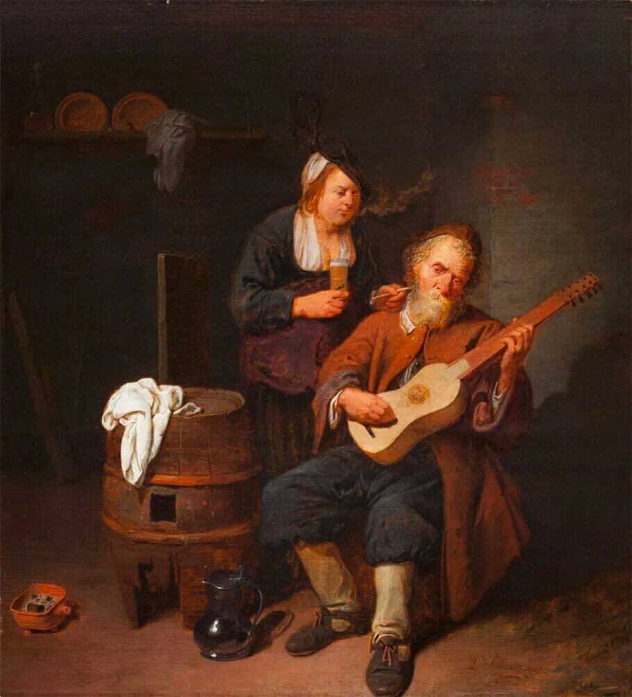 ‘Guitariste’, par David Rijckaert III, 1641. Le chapeau à plumes porté par la femme la caractérise comme une prostituée