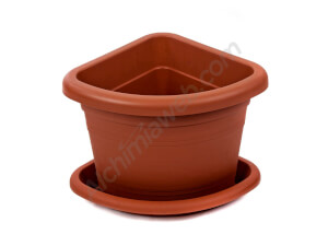 Rustic Corner Planter in terracotta color with saucer