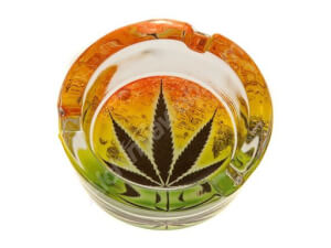 Coloured Glass ashtray with Cannabis Leaf