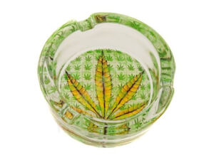 Coloured Glass ashtray with Cannabis Leaf